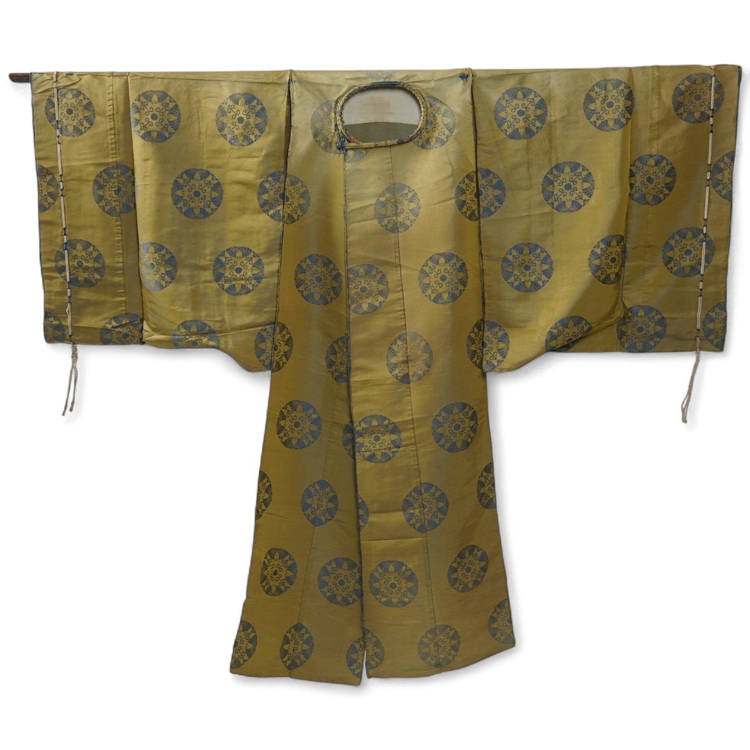 Two 1880-1920 Japanese green silk damask Kariginu, ‘hunting cloth’ robes, worn not as ‘hunting robes’ at this period, but as day wear for high ranking male Imperial Court nobles, traditionally worn with a sash at the wai
